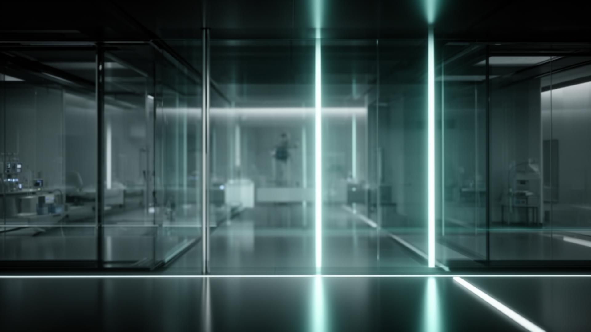 Arquitectura clínica iluminada que evoca la convergencia entre tecnología y medicina